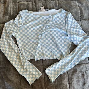 REBELFLOW Blue and White Checkered Long Sleeve Top